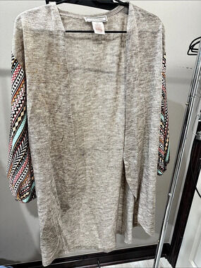Flying Tomato Taupe Open Front Cardigan with Aztec Sleeves Gray & Multicolor S/M